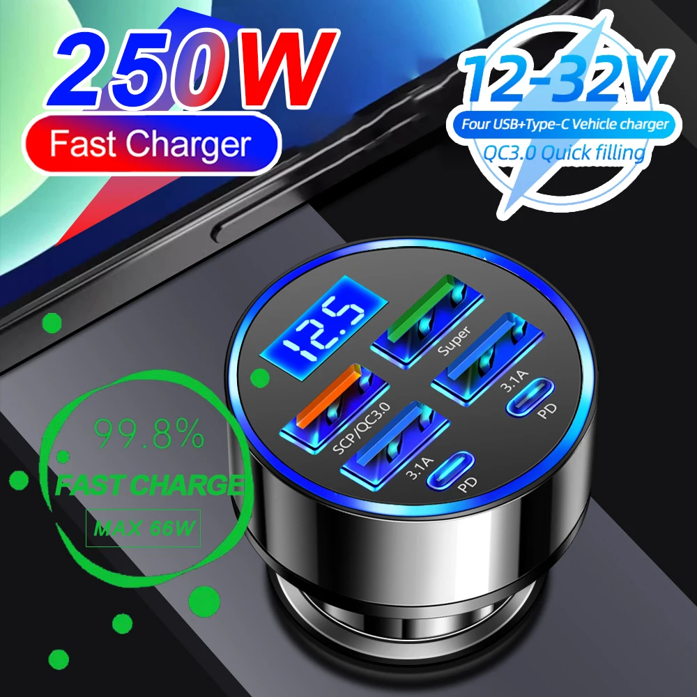 S319f897319234677b9f020071ac69ca7V.webp 250W PD Car Charger QC3.0 Fast Charge two to Six Port Car Cigarette Lighter Plug Car Charger Flash Charge with Digital Display - Image 1