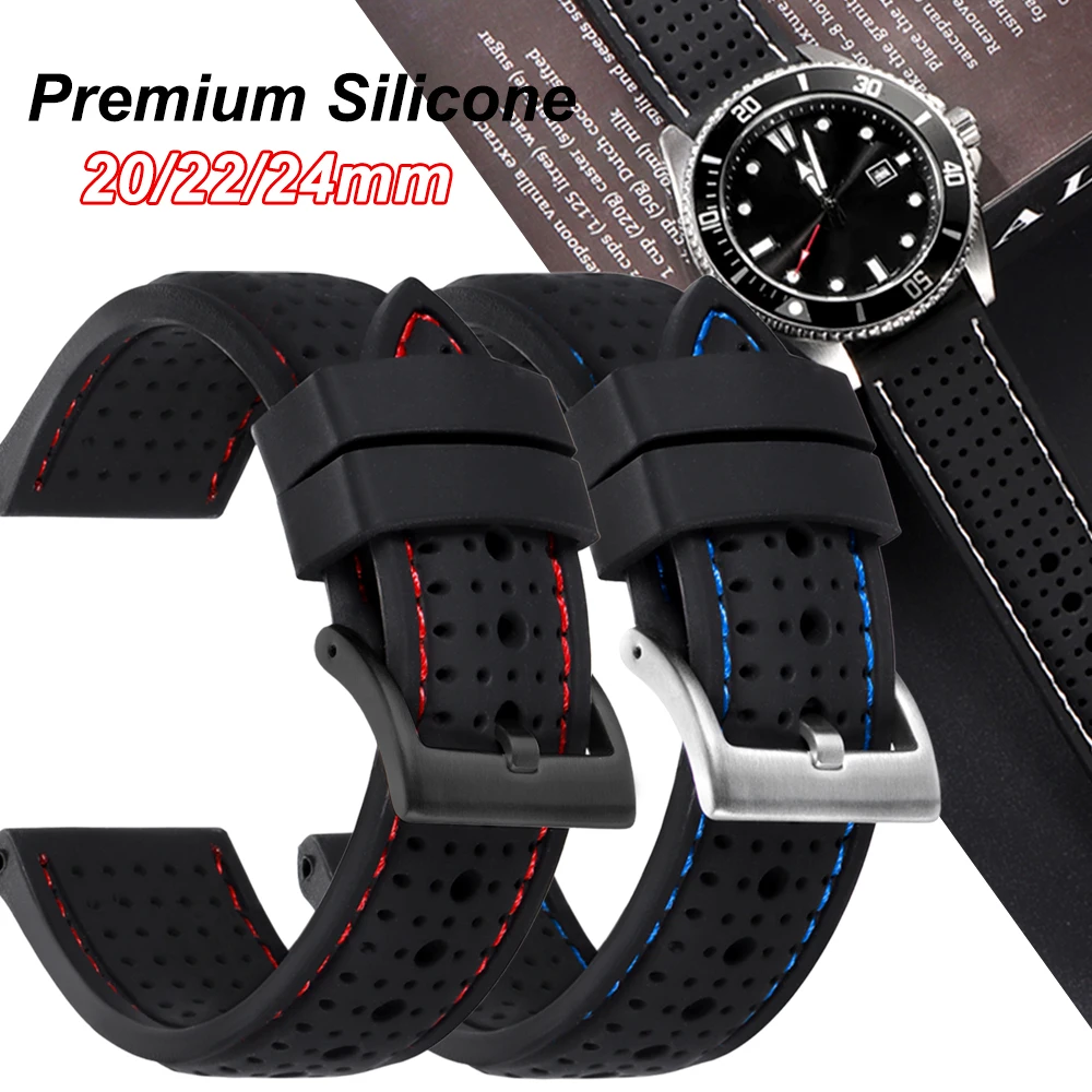 S78b93b280ca74984ace806873a582b33k.webp Premium Silicone Watch Band Waterproof Soft Rubber Strap 20mm 22mm 24mm Breathable Watch Strap Replacement for Universal Watch - Image 1