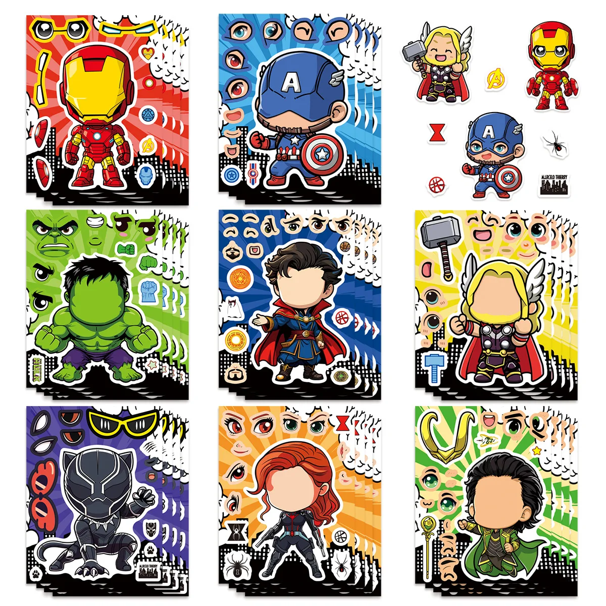 Sc9ab15b6337b43978e772627502aba703.webp 8/16Sheets Marvel Captain America The Avengers Q-Style Make a Face Puzzle Stickers DIY Luggage Phone Guitar Scrapbook Kid Toys - Image 1